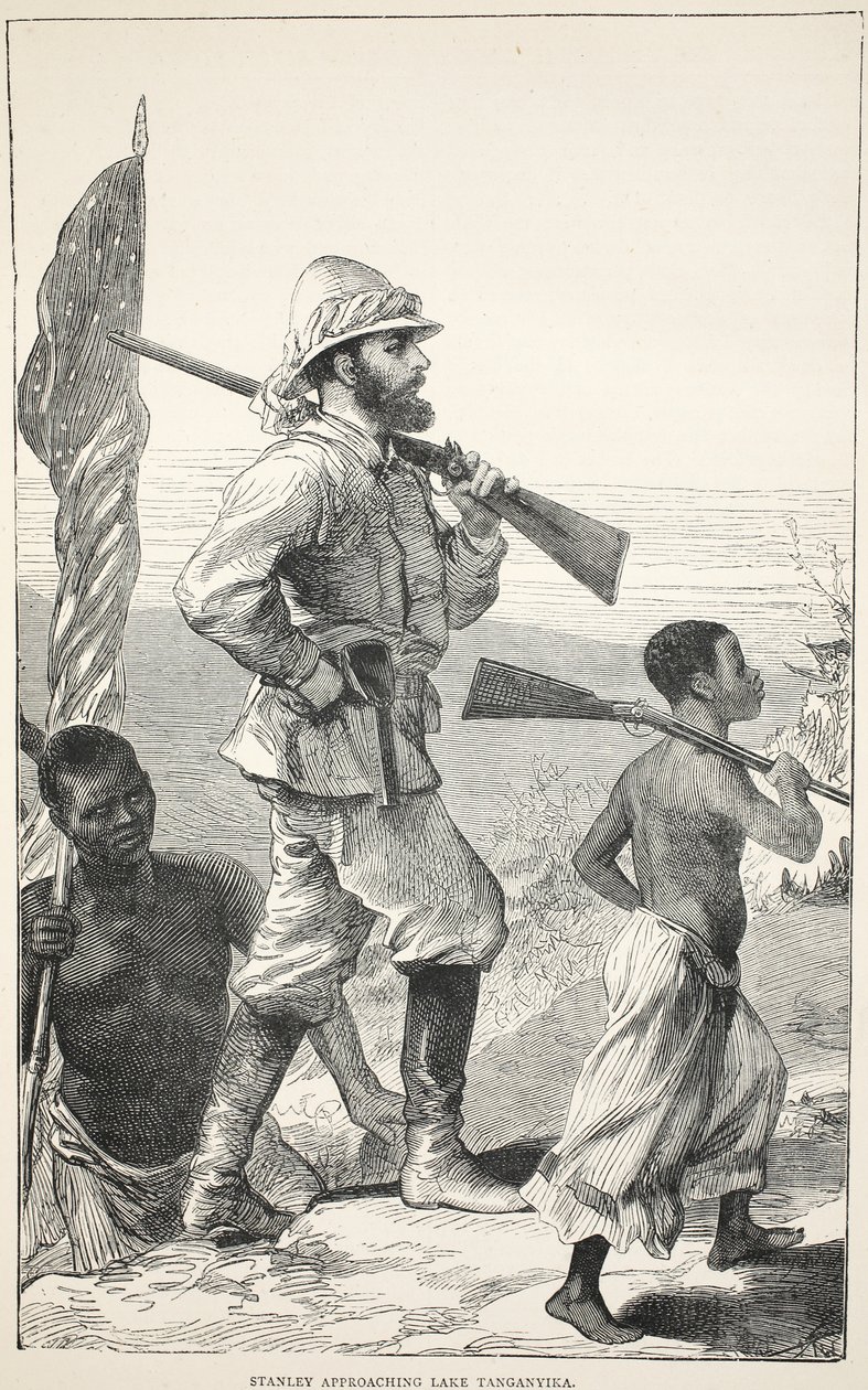 タンガニーカ湖に近づくスタンリー、J。ユーイングリッチー著「The Pictorial Edition of the Life and Discoveries of David Livingstone」のイラストA. Fullarton＆Co.、1876年 作： 英語学校
