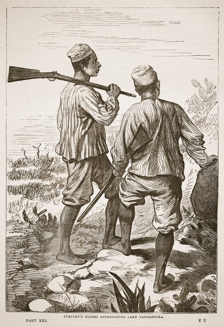 スタンリーズは、タンガニーカ湖への接近をガイドします。イラストは、Pictorial Edition of the Life and Discoveries of David Livingstone by J. Ewing Richie、pubです。 A. Fullarton＆Co.、1876年 作： 英語学校
