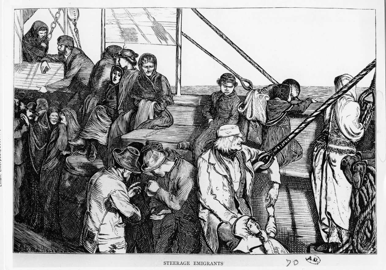 ヨーロッパから新世界への旅客船の甲板で移民を操縦、1870年頃 作： 英語学校