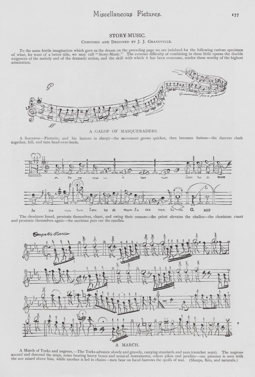 音符を人間に見立てた楽譜に描かれた物語（エングレーヴィング） 作： 英語学校