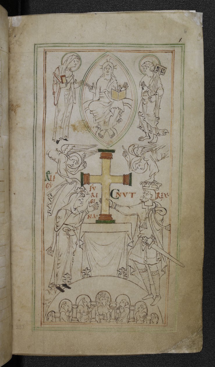 Stowe 944 f.6 クヌート王とその王妃アエルフギフが、新大聖堂の祭壇に十字架を提示している「自由生活」、1031 年頃（羊皮紙にインク） 作： 英語学校
