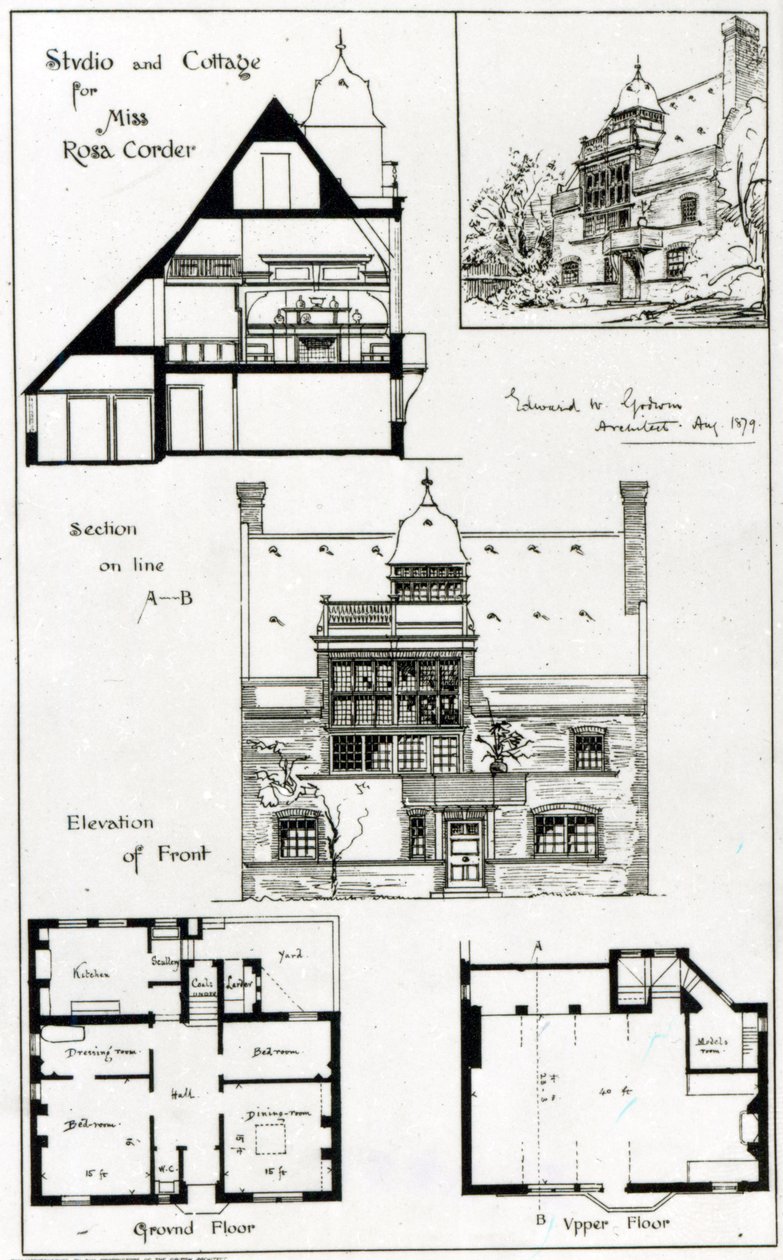 1879年10月3日、イギリスの建築家によるミスローザコーダーのスタジオとコテージ 作： 英語学校
