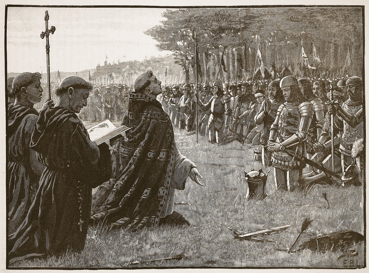 1415年10月25日のアジャンクールの戦いの後のイギリス軍の感謝祭、カッセルズイラストレイテッドイングランドの歴史のイラスト（セピア写真） 作： 英語学校