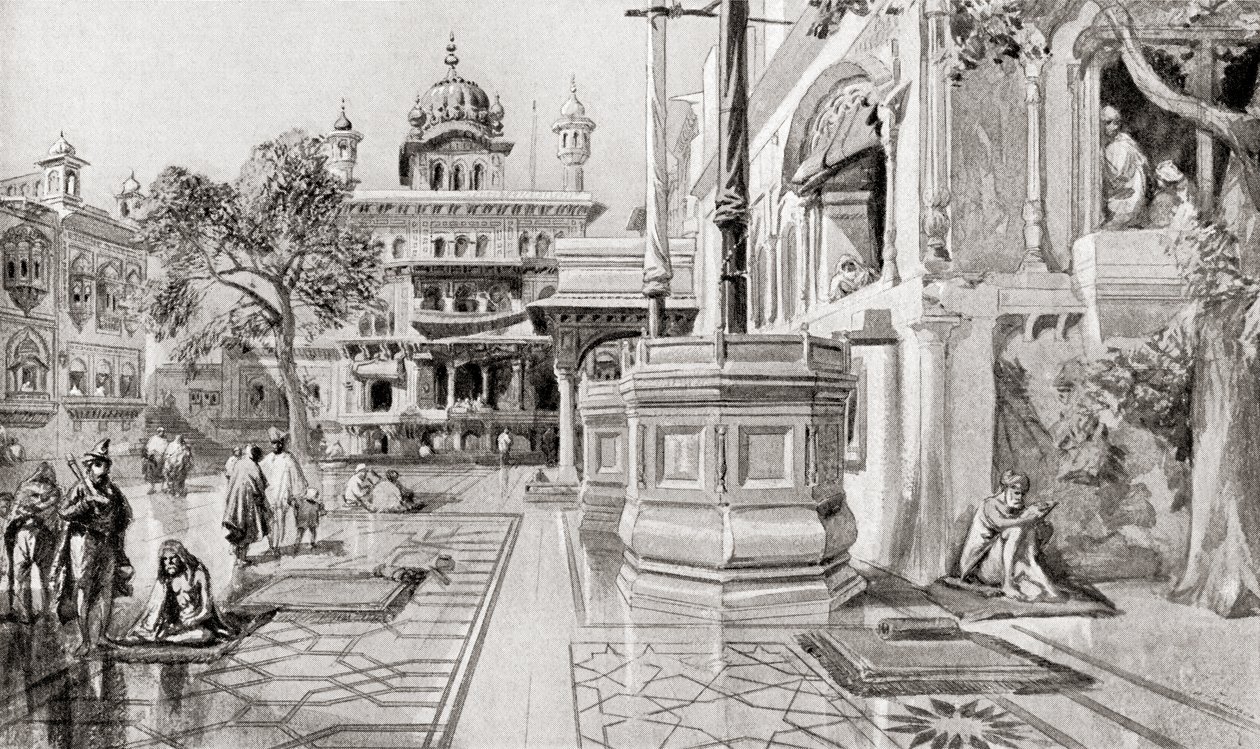 1864年、インド・パンジャーブ州アムリトサルのハルマンディル・サーヒブ（黄金寺院）複合施設、アカル・タクトまたはアカル・ブンガ（1915年発行のハッチンソン著『History of the Nations』より 作： 英語学校