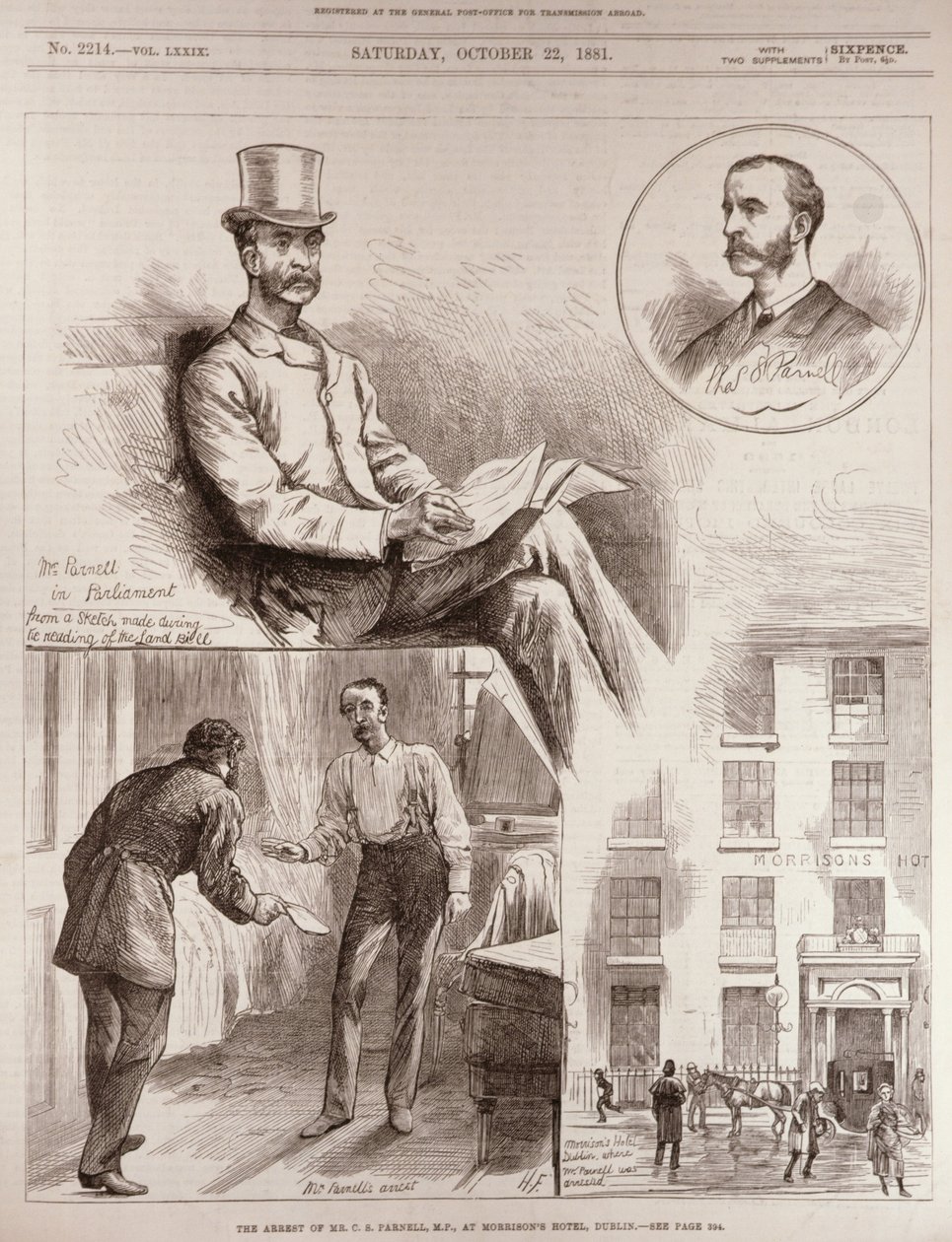 1881年10月22日の &39;The Illustrated London News&39;からのダブリンのモリソンズホテルでのCSパーネル議員の逮捕 作： 英語学校