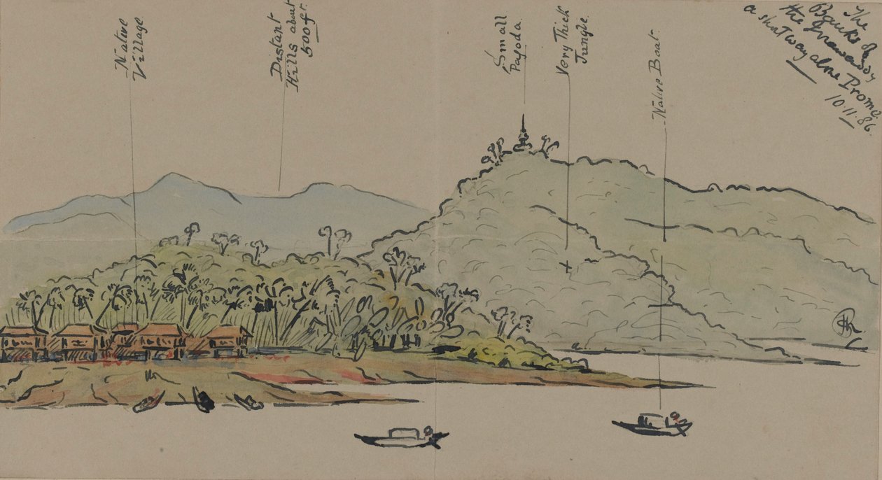 ビルマのイラワジの銀行、1886年（紙にペンとインクが付いたトイレ） 作： 英語学校