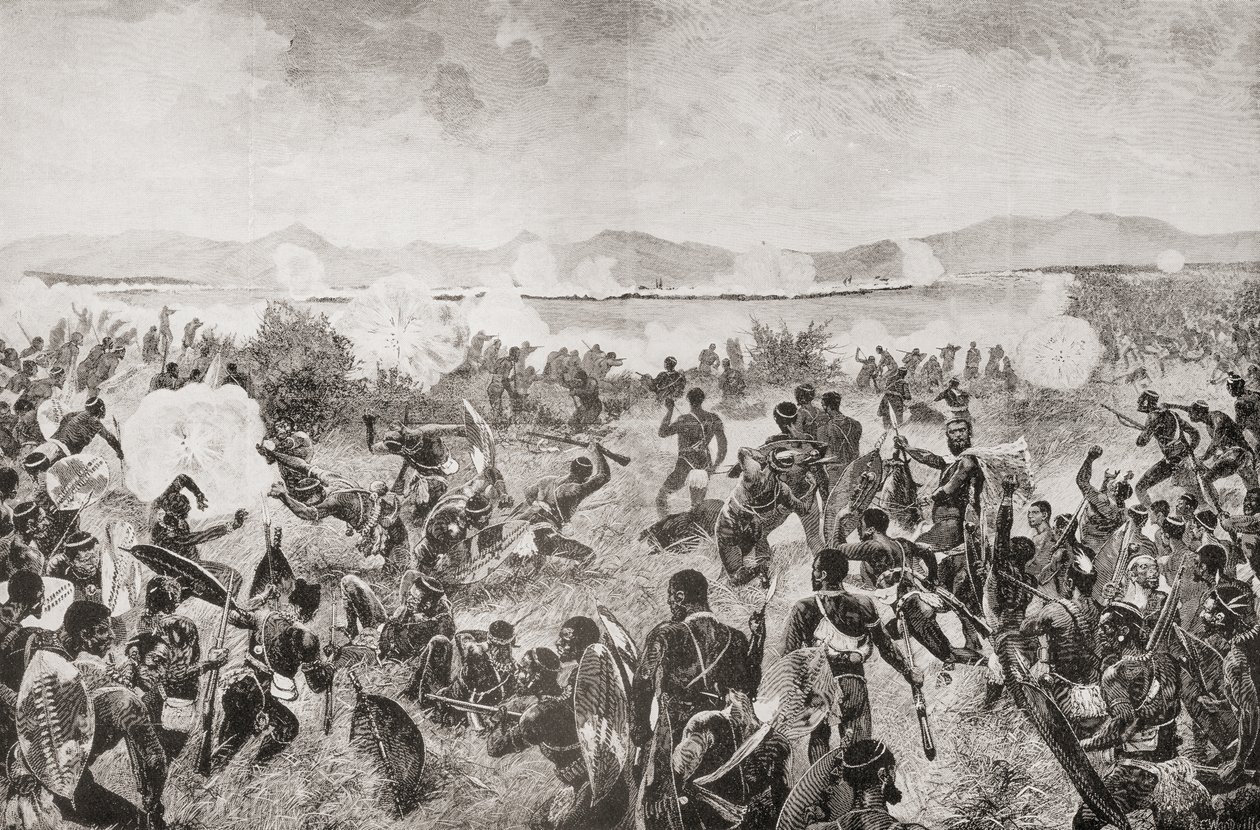 1879年のウルンジの戦い。ズール人の最後の突進と、遠くに見えるイギリスの広場。ルイス・クレスウィック著「南アフリカとトランスヴァール戦争：第1巻」1900年発行（リトグラフ）より。 作： 英語学校