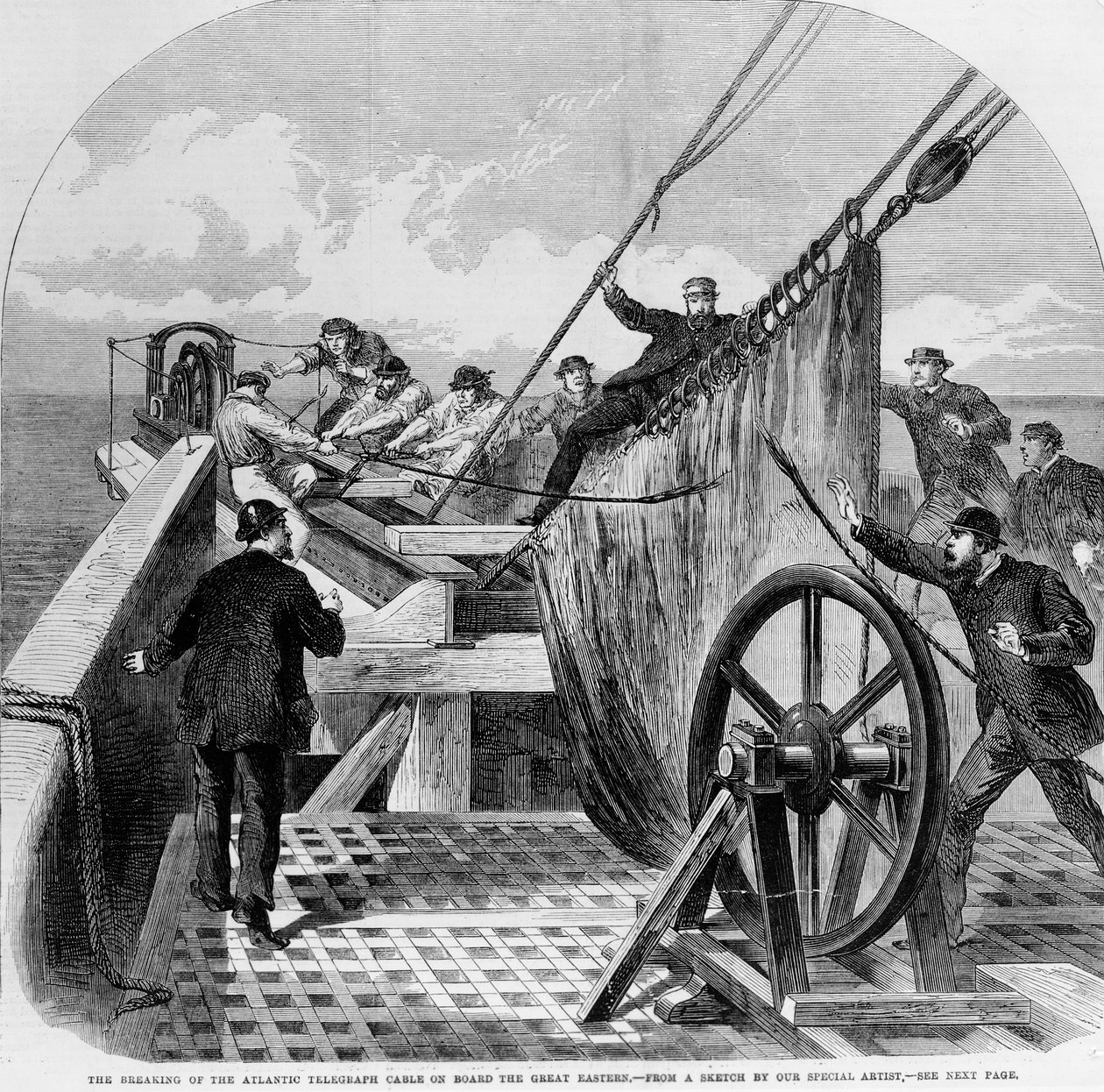 1865年、グレート・イースタン号での大西洋電信ケーブルの切断（エングレーヴィング 作： 英語学校