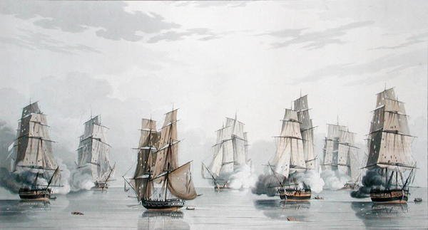1811年5月20日、マダガスカル沖での戦闘開始直後に遭難したチャールズ・マーシュ・ショーンバーグ大尉指揮のイギリス艦隊とロックベール提督指揮のフランス艦隊（カラーリトグラフ版） 作： 英語学校