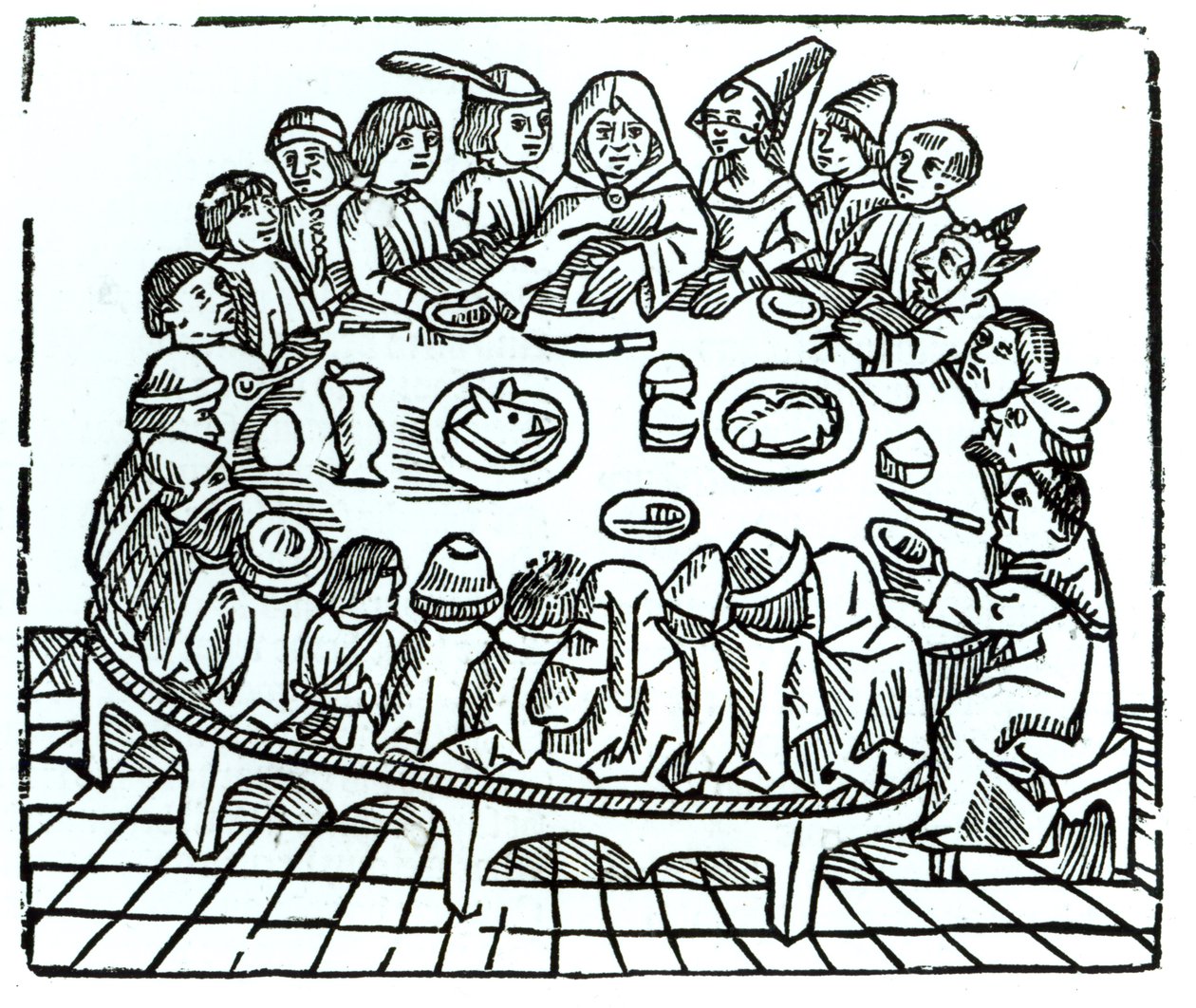 ウィンタードワード、1485年頃に印刷された、ジョフリーチョーサーの作品（c.1345-1400）「Canterbury Tales」のイラスト、共有の食事のために座っているカンタベリー巡礼者たち 作： 英語学校
