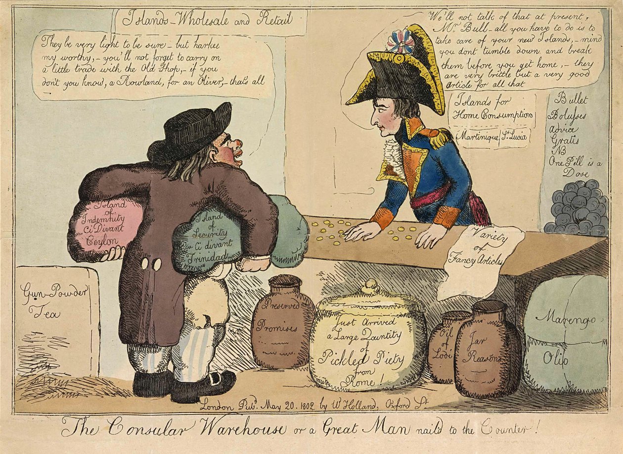 The Consular Warehouse or a Great Man nail d dunk to the Counter（領事の倉庫、またはカウンターに釘付けされた大男）、パブ。1802年（手彩色のエングレービング 作： 英語学校