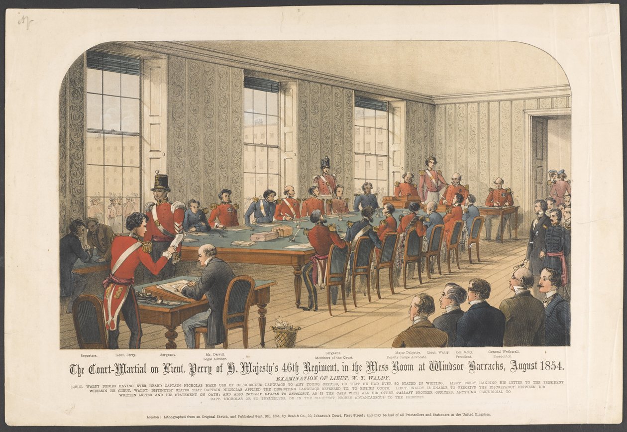 1854年8月、ウィンザー・バラックスの食堂で行われたH.M.s.46連隊のペリー中尉の軍法会議（カラーリトグラフ版 作： 英語学校