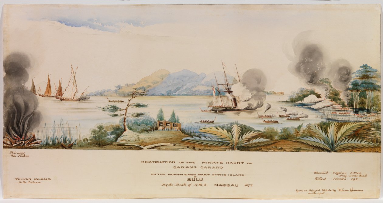 1872年のHMSナッソーのボートによるスールー島の北東部のカランカランの海賊出没の破壊 作： 英語学校