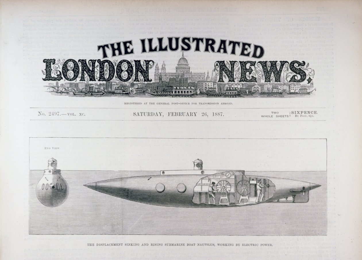 1887年2月26日のイラスト入りロンドンニュースによる、電力で動く変位沈没潜水艦ノーチラス 作： 英語学校