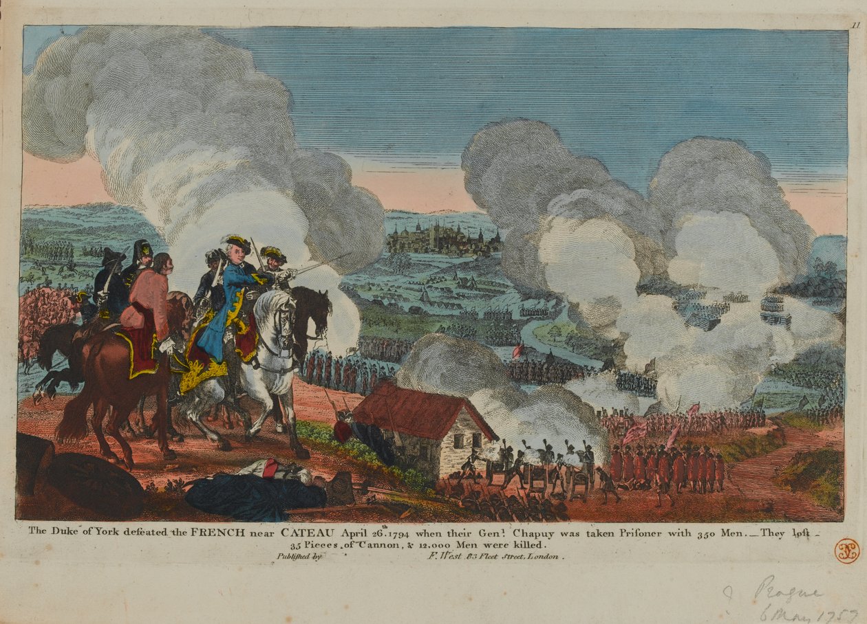 ヨーク公（1763-1827）が1794年4月26日、カトーの近くのフランス人を、1834年にF.ウェストによって出版された7年間の戦争シーンから破った。 作： 英語学校