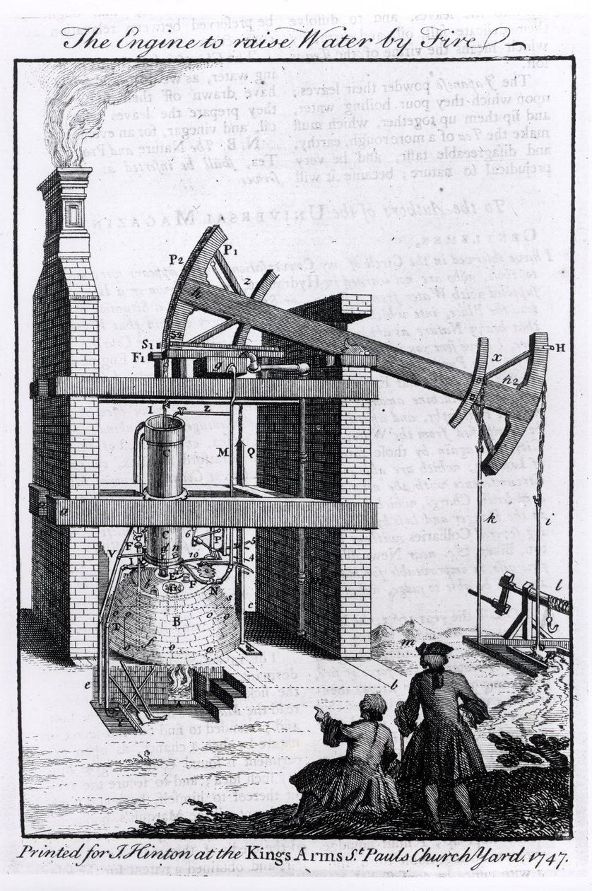 火事で水を上げるエンジン、ユニバーサルマガジン、1747年のニューコメンス蒸気機関の図 作： 英語学校