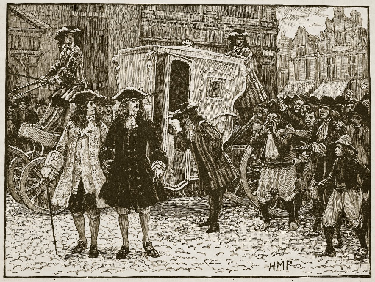 1712年、ユトレヒトの街で侮辱された英語の多能性、カッセルズイラストレイテッドイングランドオブイングランドのイラスト（セピア写真） 作： 英語学校