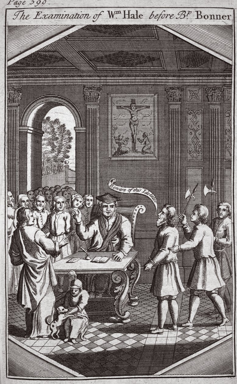 司教ボナーの前のWmヘイルの検査、Foxes Martyrs c.1703の図解 作： 英語学校