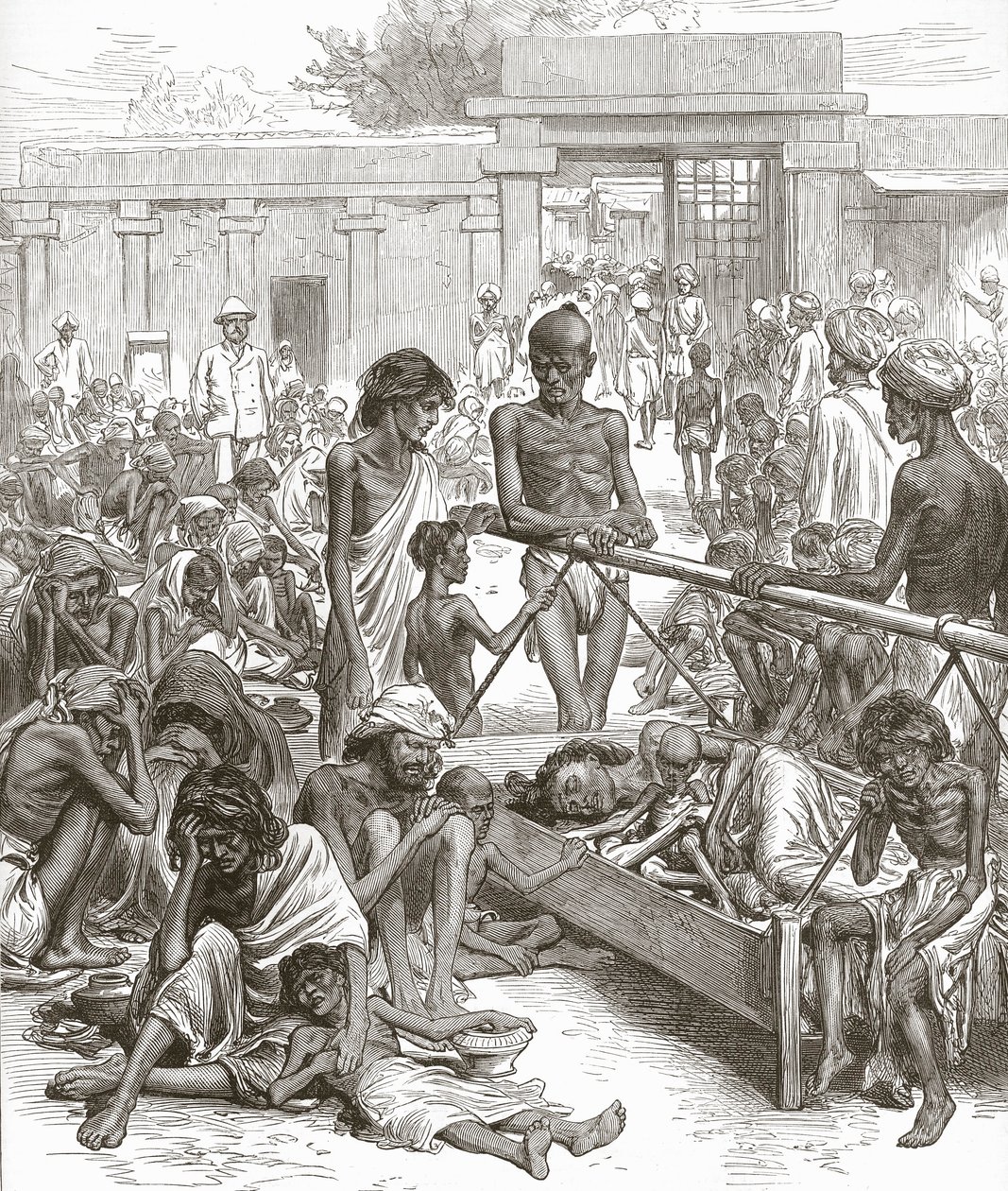インドの飢饉: 1877 年 10 月、バンガロールで救援を待つ原住民。 作： 英語学校