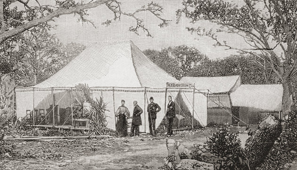 19 世紀後半、アメリカ合衆国フロリダ州マイアミにある最初の長老派教会。 1896 年にヘンリー キーウィン牧師によって設立されたこの教会は、サービスがテントに移る前にラフボード レストランで始まりました。 The Strand Magazine publi より 作： 英語学校