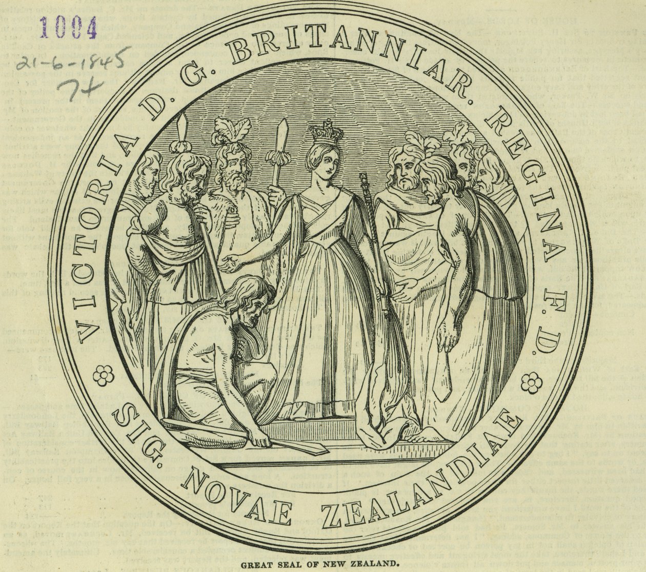 1845年6月21日、The Illustrated London Newsからのニュージーランドの大シール 作： 英語学校