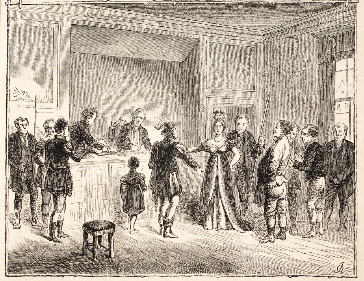 1811年の絵からの手と鋏、パイプードルの裁判所の前の事件 作： 英語学校