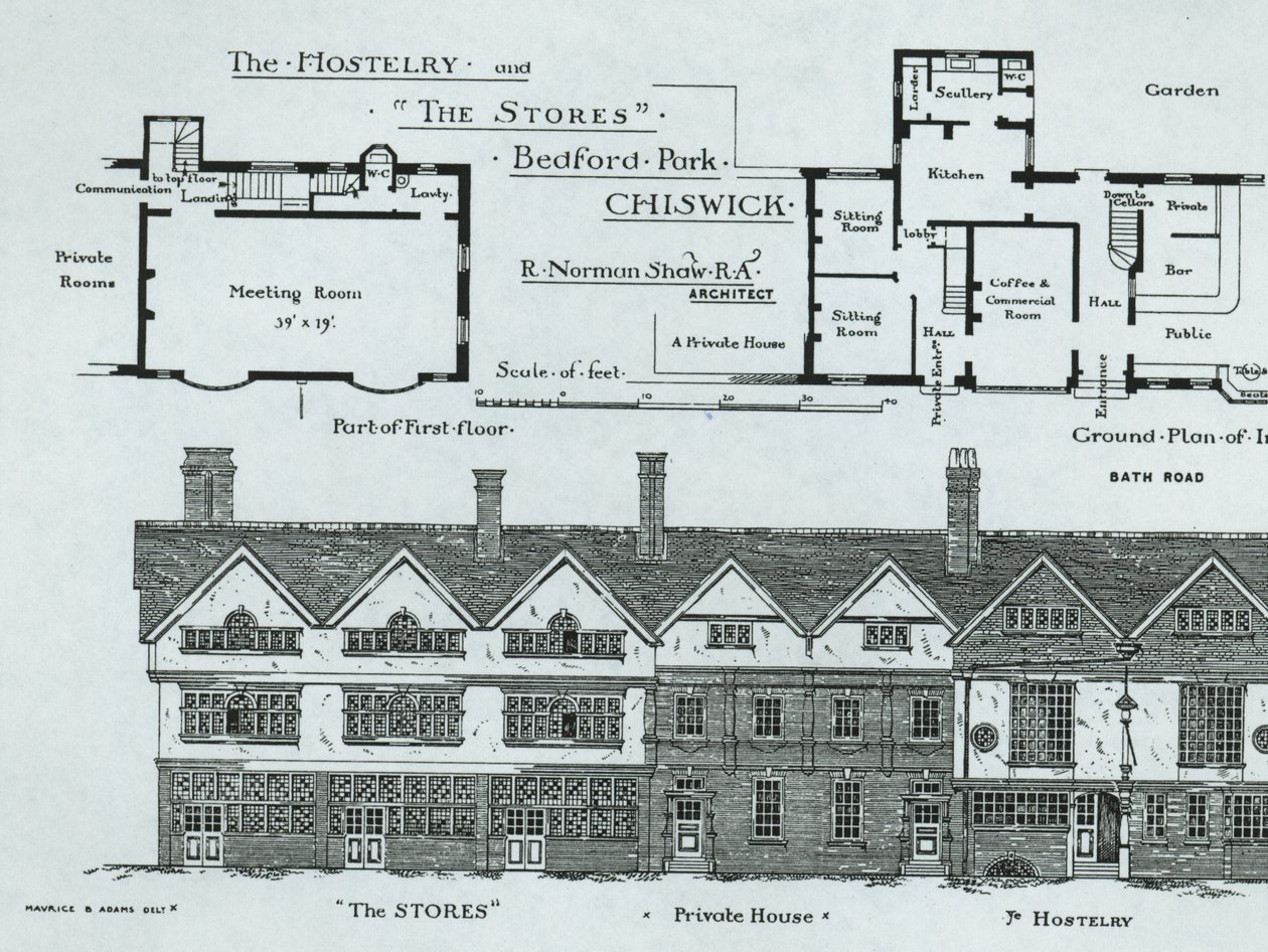 The Hostelry and the Stores、ベッドフォードパーク、チズウィック、The Building News、1877 作： 英語学校