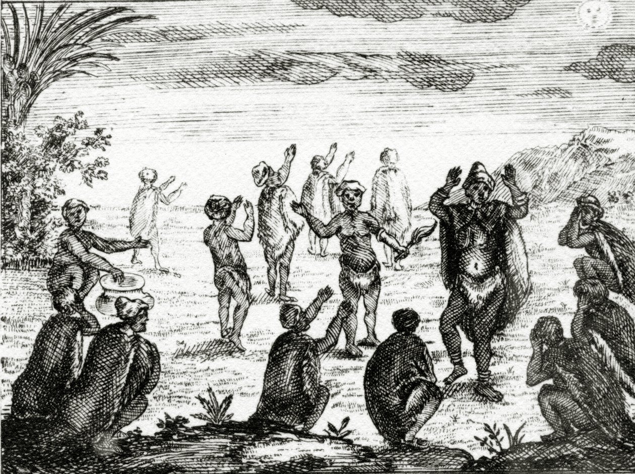 Hottentotsが月を崇拝する、ピーターコルブの「喜望峰の現状」のイラスト、1731年発行 作： 英語学校