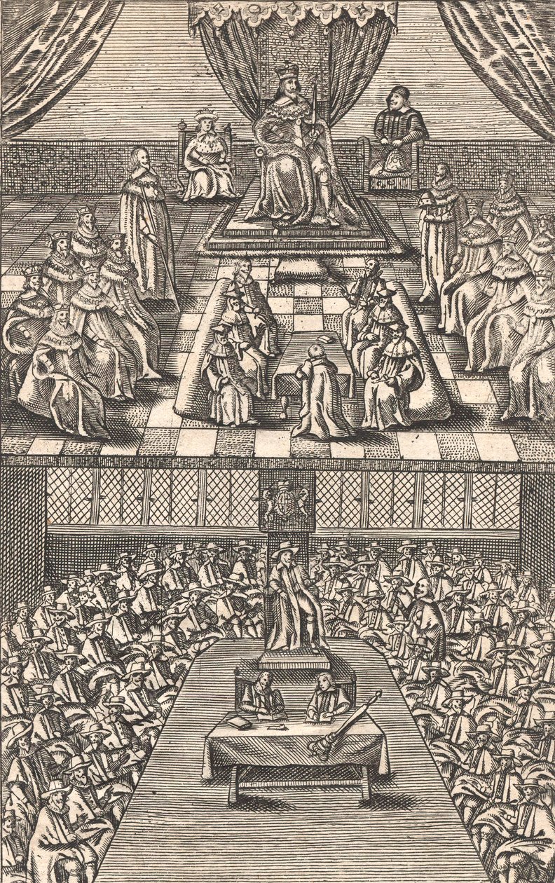 チャールズ1世時代の貴族院と下院、1640年頃（カラー木版画 作： 英語学校