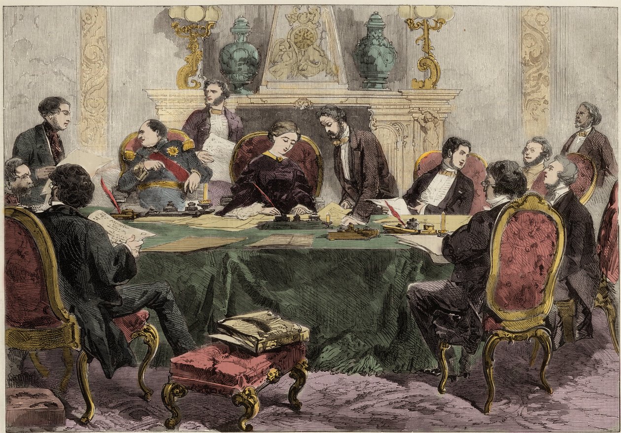 エリゼ宮での閣僚会議で議長を務める皇后摂政ユージェニー - The Empress Regent Eugenie presiding at a Council of Ministers.イラストレイテッド・ロンドン・ニュース」のイラスト 作： 英語学校