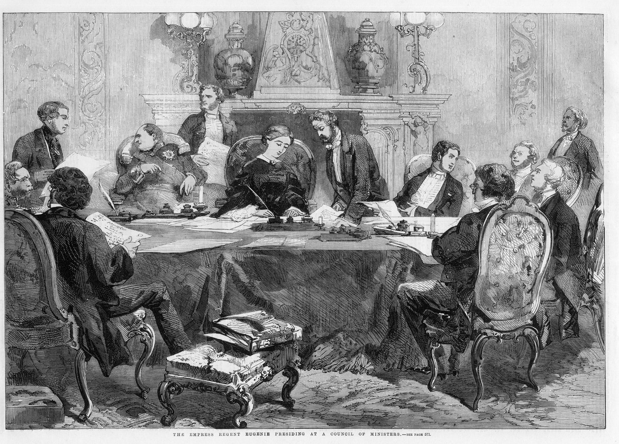 エリゼ宮での閣僚会議で議長を務める皇后摂政ユージェニー - The Empress Regent Eugenie presiding at a Council of Ministers.イラストレイテッド・ロンドン・ニュース」のイラスト 作： 英語学校