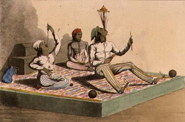 インドの曲芸師たち 1813年10月 1809-28年に発行された「アッカーマンの芸術のリポジトリ」より（カラーリトグラフ） 作： 英語学校