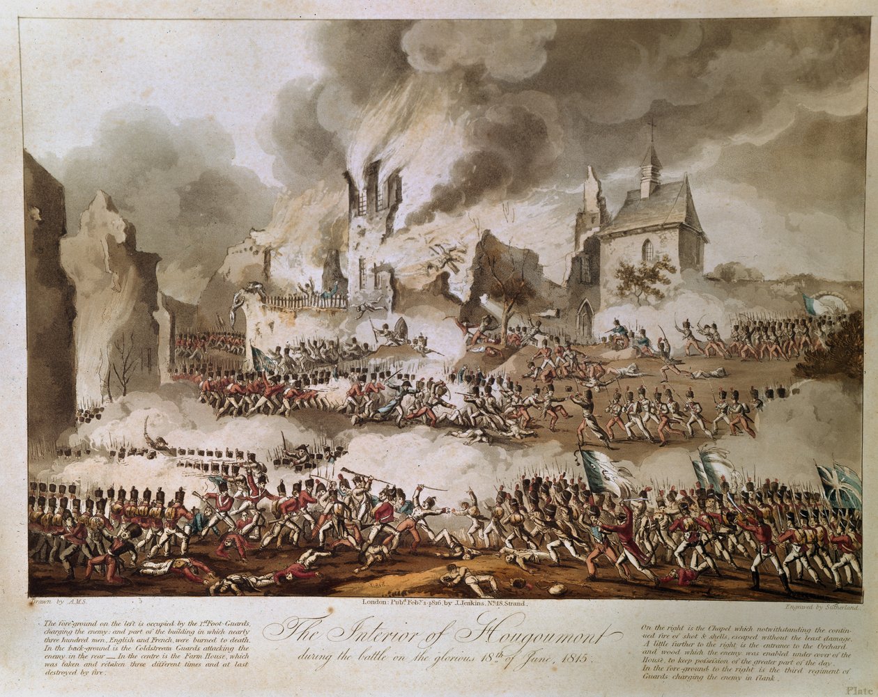 T.サザーランドによって彫刻された1815年6月18日の栄光の戦いの間のHougoumontの内部、1816年公開（アクアチント） 作： 英語学校