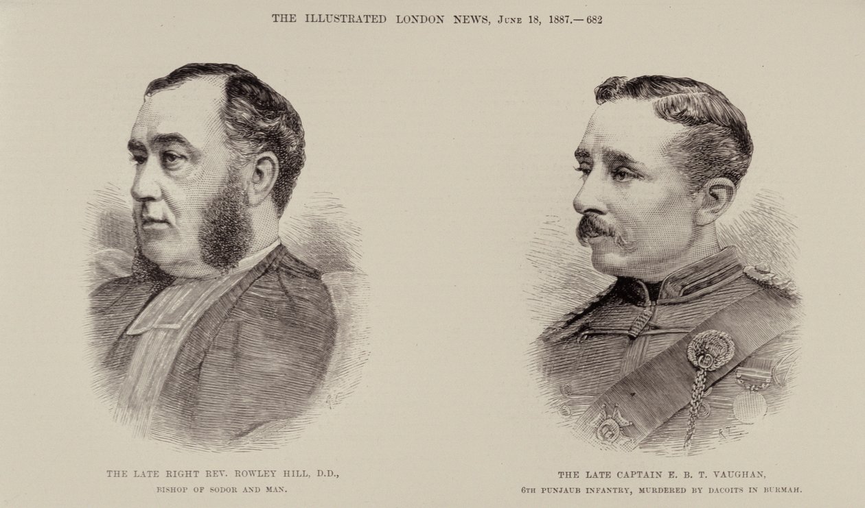 1887年6月18日、イラストレイテッドロンドンニュースより、ソドーアンドマン司教のローリーヒル牧師と後期キャプテンEBTヴォーン、第6パンジャウブ歩兵、ビルマのダコイツ殺害、 作： 英語学校