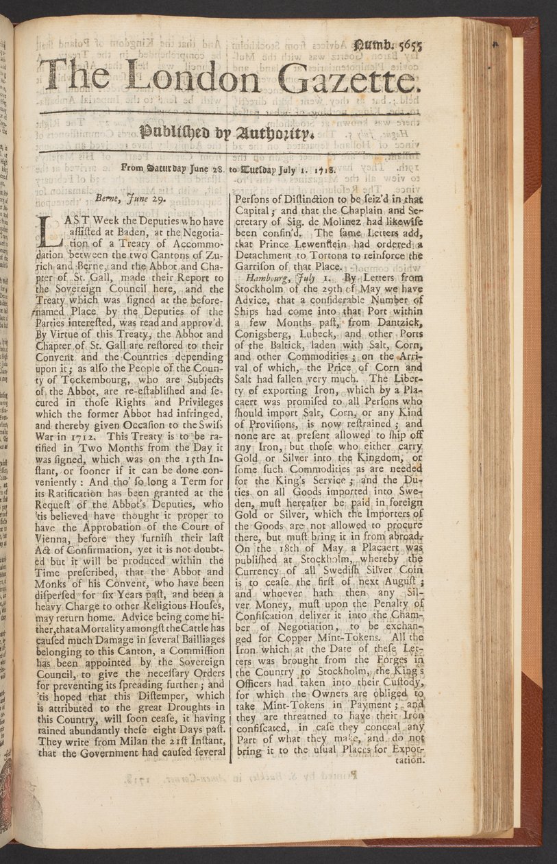 The London Gazette, issue 5655, page 1, 28th June 1718 (print) 作： 英語学校
