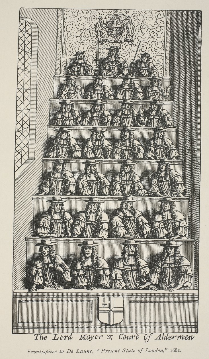主市長とアルダーメンの裁判所、デローンズアングリアメトロポリスの前頭絵、1681年 作： 英語学校