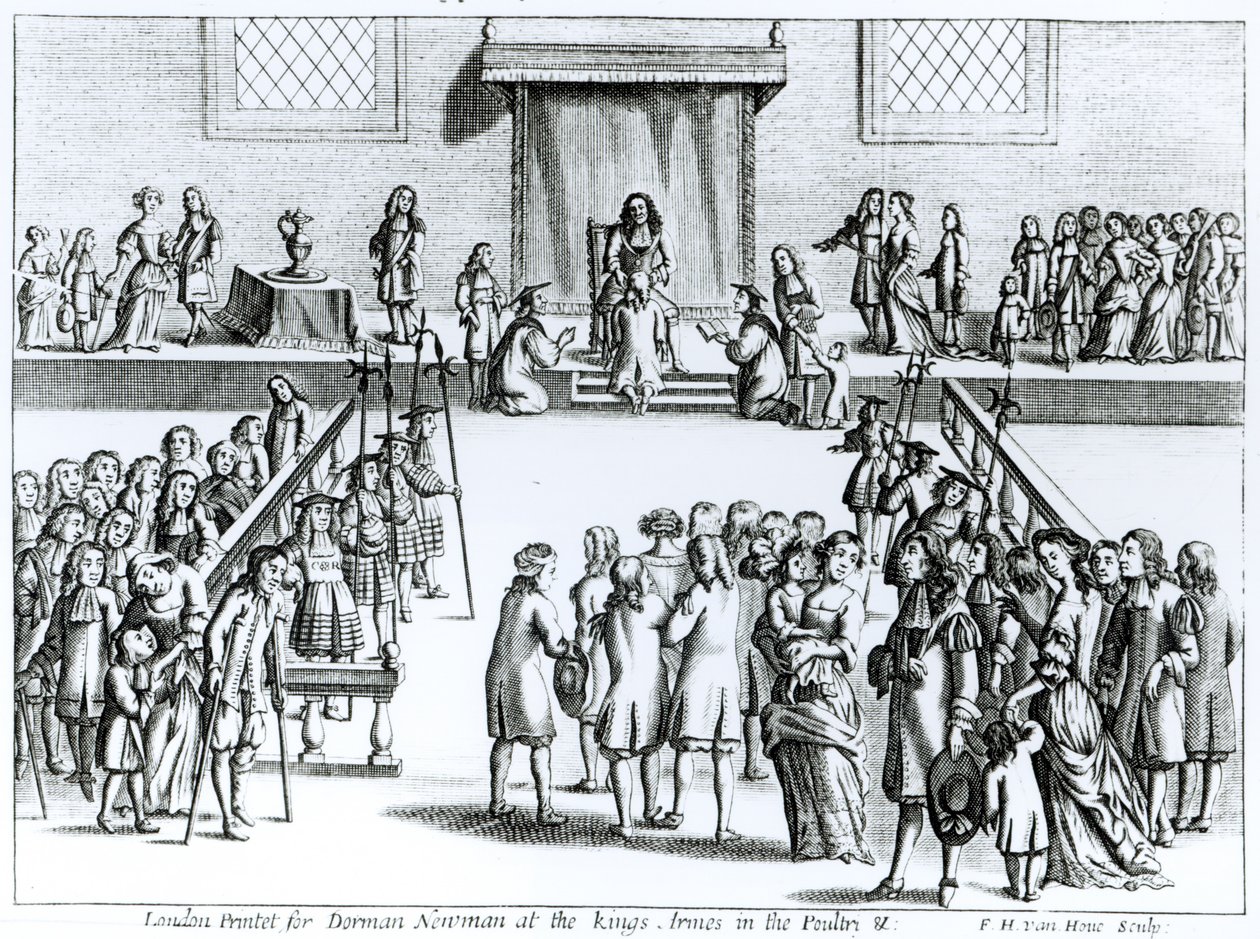 ドーマン・ニューマンのために印刷されたフレデリック・ヘンドリック・ヴァン・ホーブ（c.1628-98）によって刻まれた、病気を治す彼の陛下の作法は「王の悪」と呼ばれています（259707も参照） 作： 英語学校