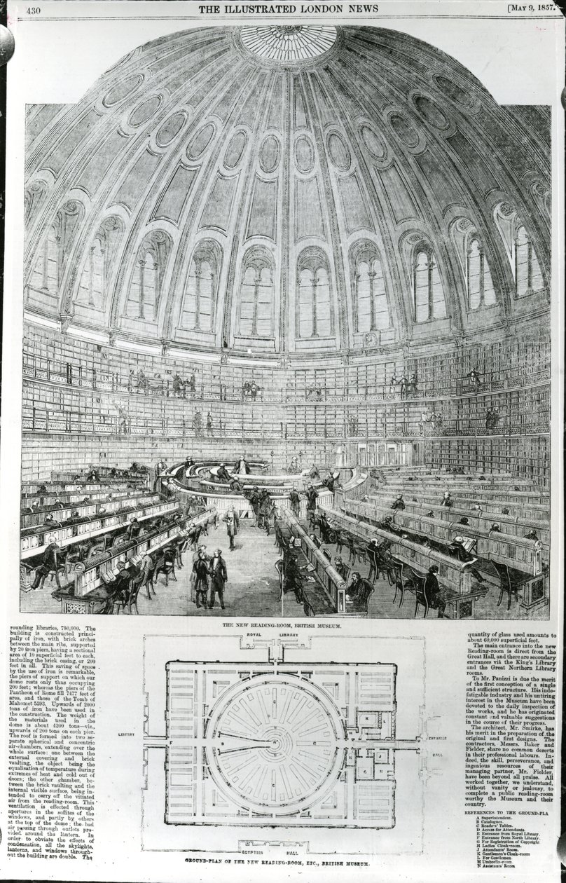 1857年5月9日、The Illustrated London Newsに掲載された大英博物館の新しい読書室 作： 英語学校