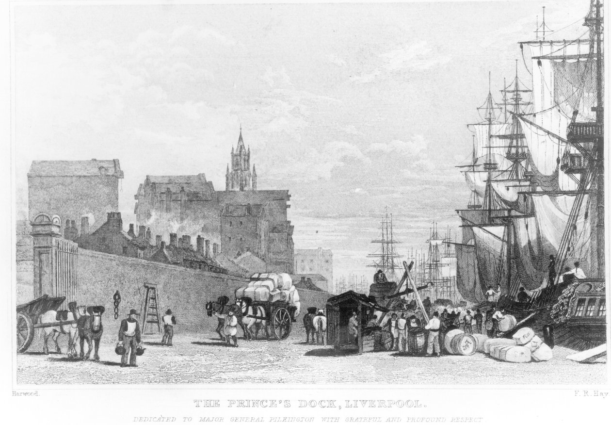 1830年頃、FRヘイによって彫刻された王子のドック、リバプール 作： 英語学校