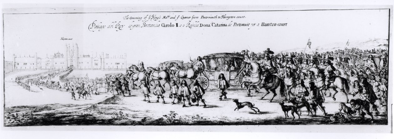 チャールズ2世の行列（1630-85）と彼の新しい女王、ブラガンザのキャサリン（1638-1705）、ポーツマスからハンプトンコートまで、1662年 作： 英語学校