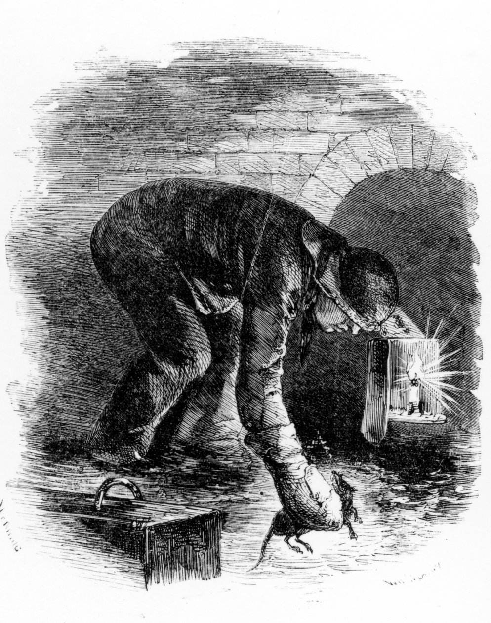 下水道のネズミ捕手、ヘンリーメイヒュー作「ロンドン労働者とロンドン貧者」のイラスト、1840年代 作： 英語学校
