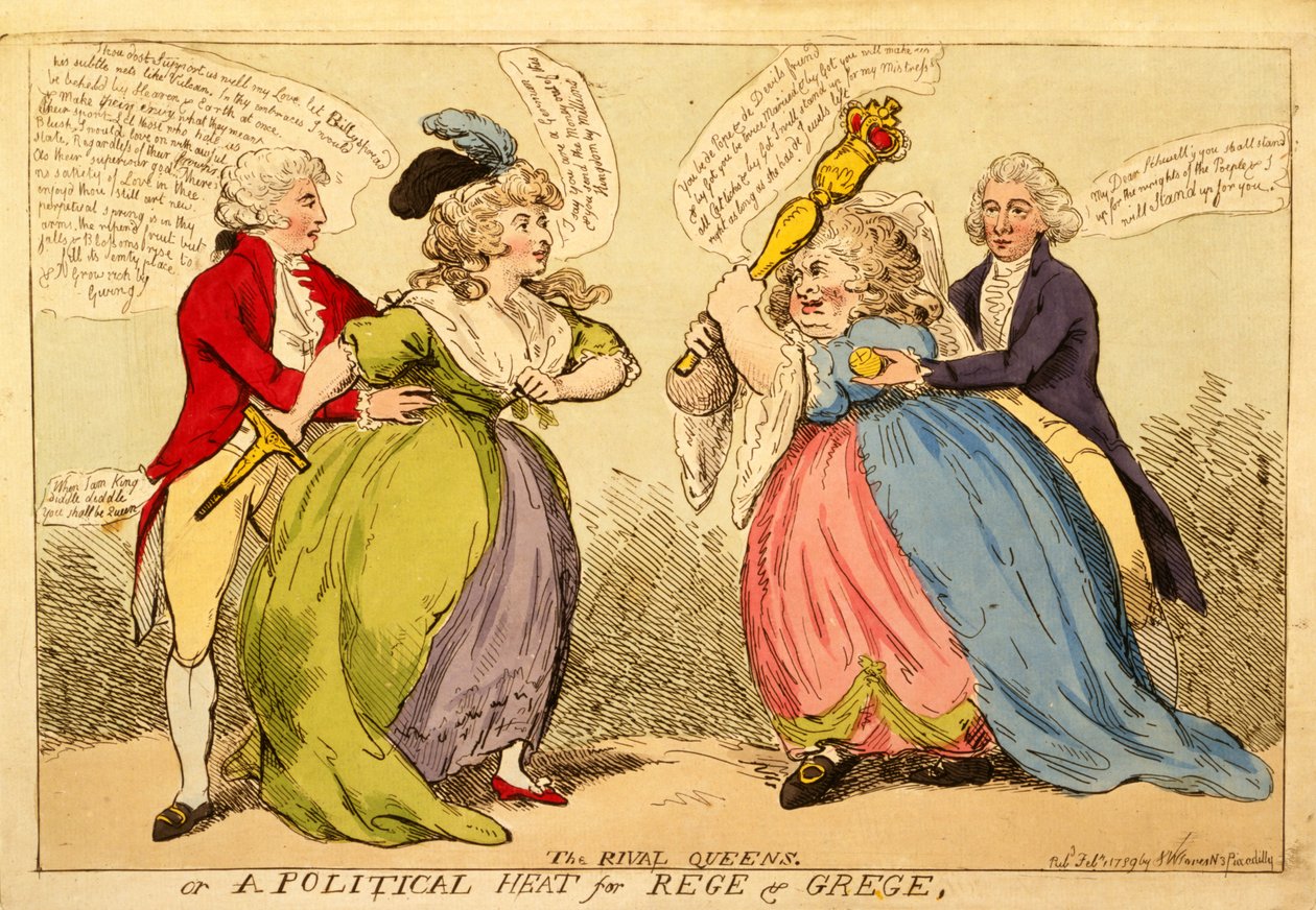 ライバルクイーンズまたはレゲとグレージュの政治熱、1789年（手彩色の彫刻） 作： 英語学校