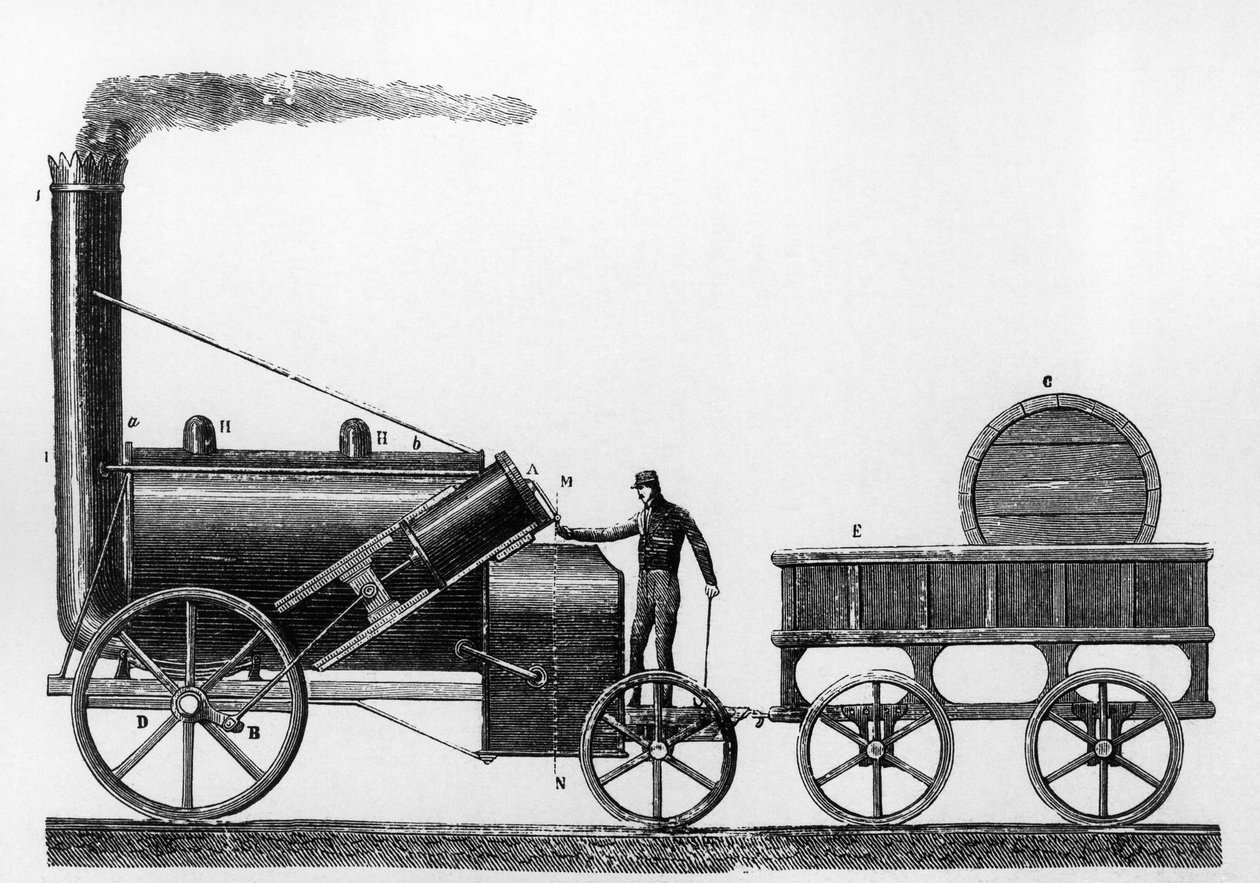 1829年にジョージ・ステファンソンとロバート・ステファンソンがリバプール-マンチェスター鉄道のために設計・製造した蒸気機関車「ロケット」(彫刻) 作： 英語学校