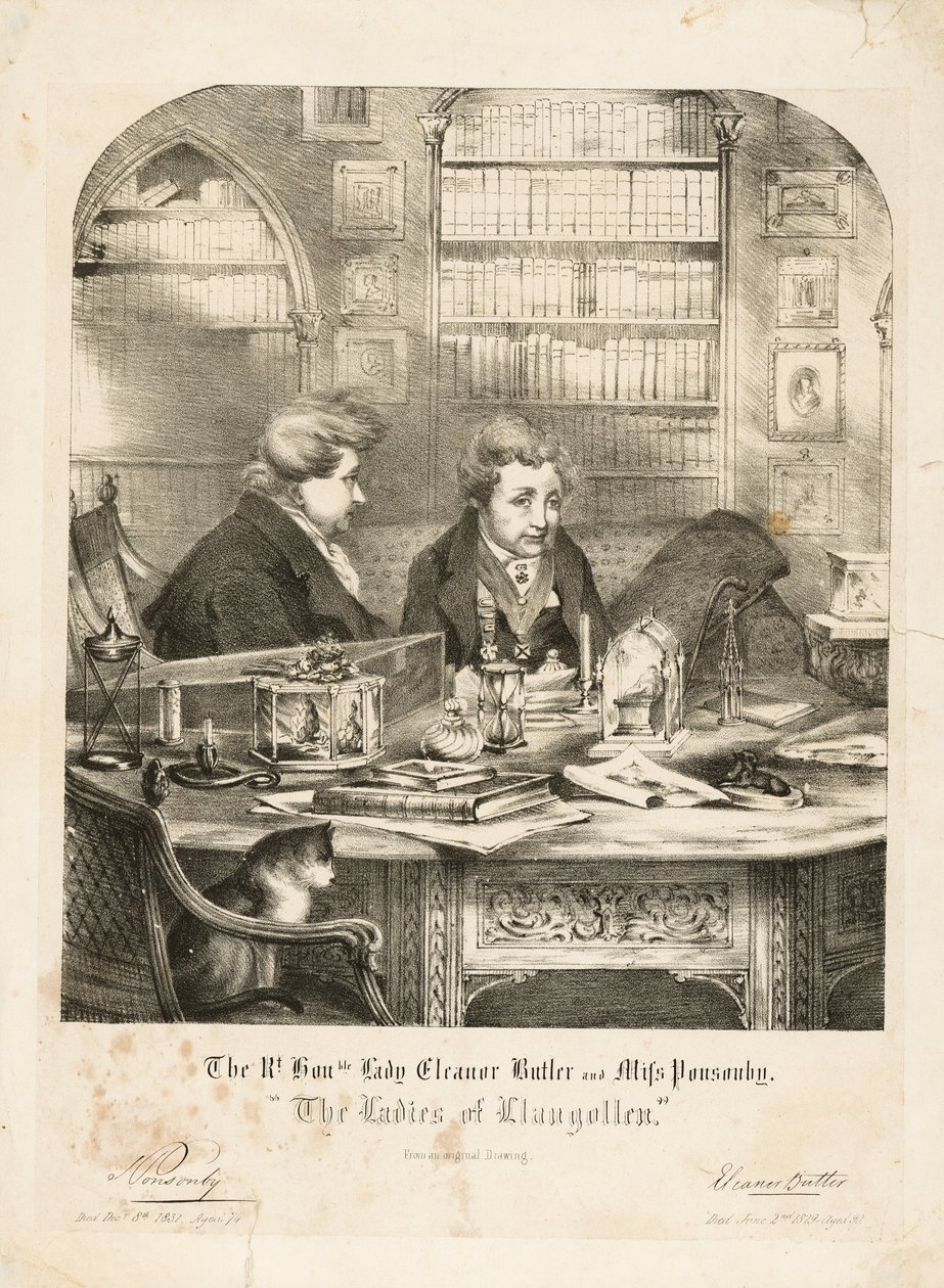 The Ladies of Llangollen」のRt.Honored Lady Eleanor ButlerとMiss Ponsonby、1831年以降（リトグラフ）。 作： 英語学校