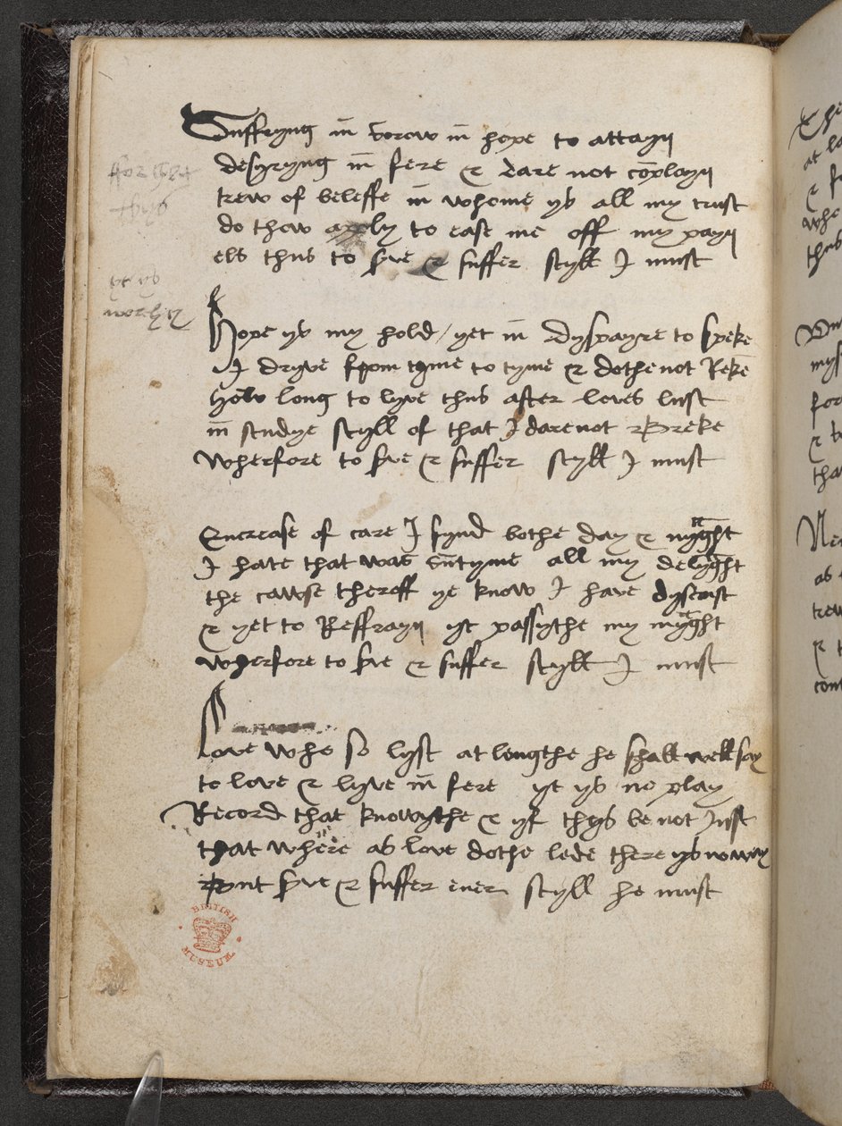 デヴォンシャー・スクリプト」（Add MS 17492, f.6v）より シェルトゥンのアクロスティック（紙にペンとインク 作： 英語学校