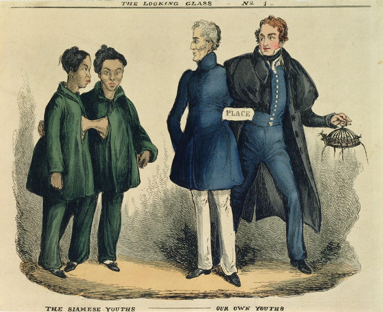 シャムの青春-私たち自身の青春、ルッキンググラスの風刺漫画、c.1829（色のエッチング） 作： 英語学校