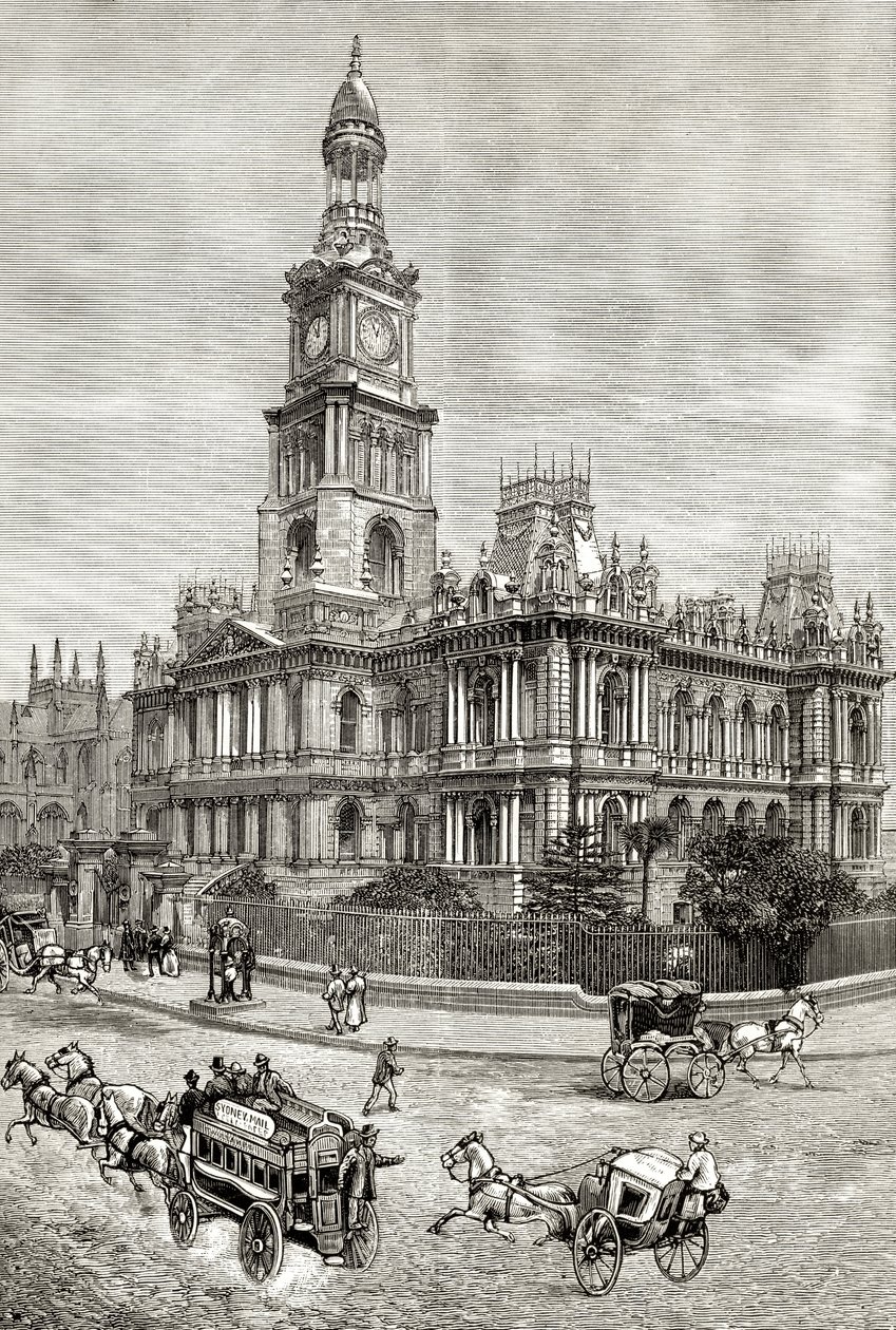 シドニー市庁舎、1880年頃、ハワードウィロビー著「オーストラリアの写真」より、ロンドン宗教宗教協会発行、1886年 作： 英語学校
