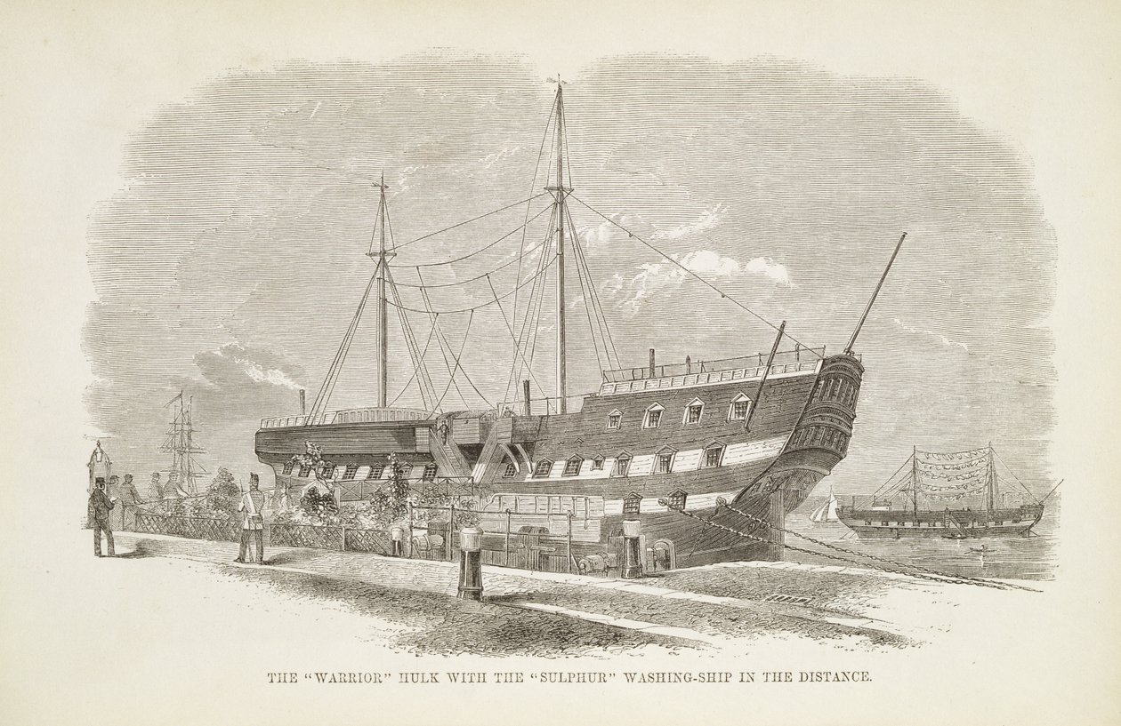 ロンドンの刑務所刑務所とヘンリーメイヒュー（1812-87）とジョンビニー、1862年の刑務所生活のシーンから遠くに硫黄の洗浄船を持つ戦士ハルク 作： 英語学校