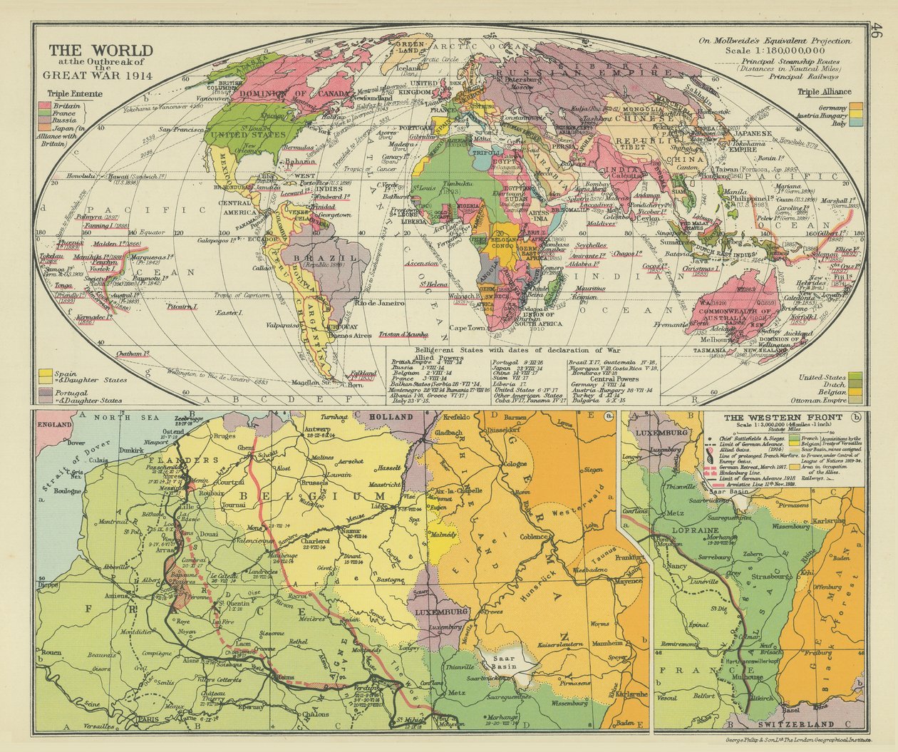 第一次世界大戦勃発時の世界 1914年（カラーリトグラフ） 作： 英語学校