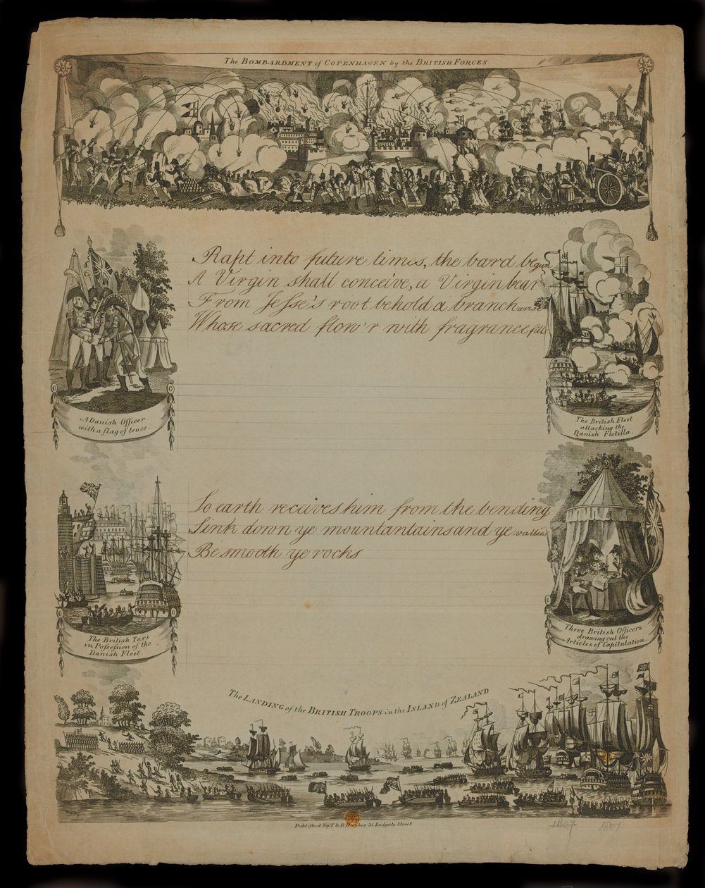 イギリス軍によるコペンハーゲンの爆撃と1807年にT.とR.ヒューズによって出版された、ニュージーランドの島へのイギリス軍の着陸 作： 英語学校